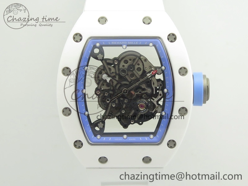 RM055 Real White Ceramic Case KVF Best Edition Blue Inner Bezel Skeleton Dial Blue On White Rubber Strap MIYOTA8215 V SmartChoice 9483