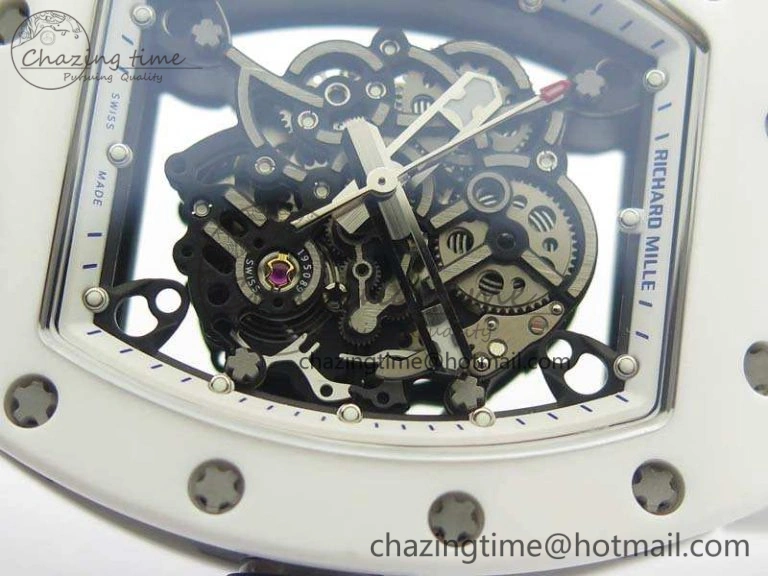 RM055 Real White Ceramic Case KVF Best Edition Skeleton Dial Blue On Rubber Strap MIYOTA Efficient 9508