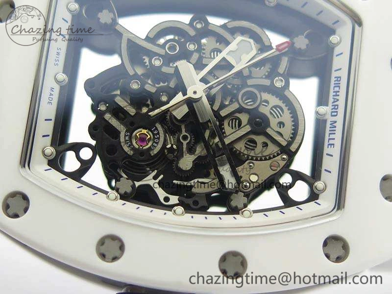 RM055 Real White Ceramic Case KVF Best Edition Skeleton Dial Blue On Rubber Strap MIYOTA Efficient 9508