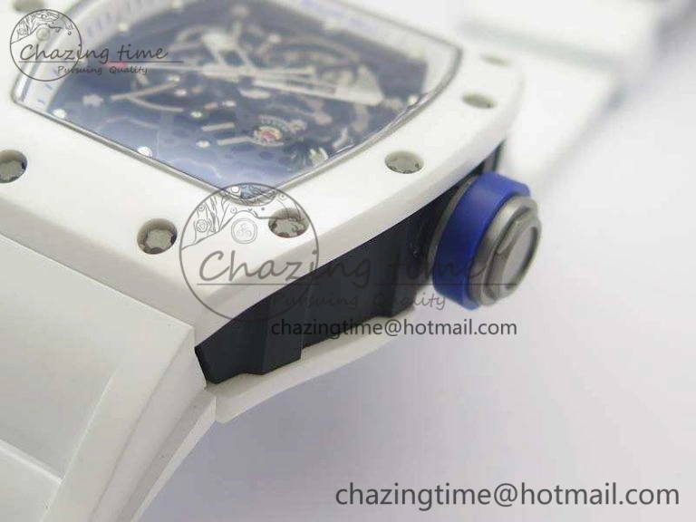 RM055 Real White Ceramic Case KVF Best Edition Skeleton Dial Blue On Rubber Strap MIYOTA Efficient 9508