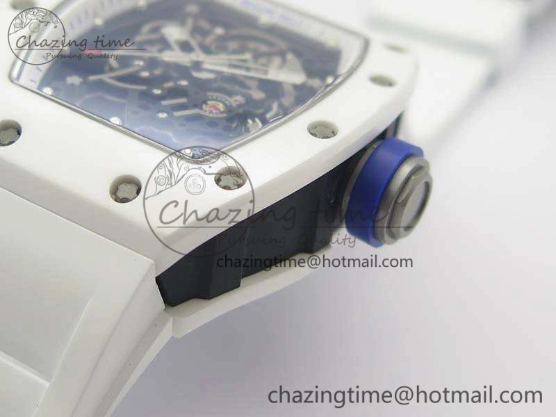 RM055 Real White Ceramic Case KVF Best Edition Skeleton Dial Blue On Rubber Strap MIYOTA Efficient 9508