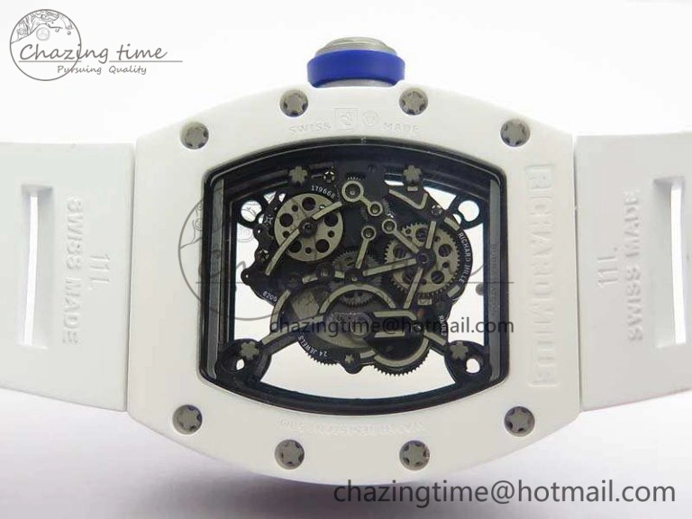 RM055 Real White Ceramic Case KVF Best Edition Skeleton Dial Blue On Rubber Strap MIYOTA Efficient 9508