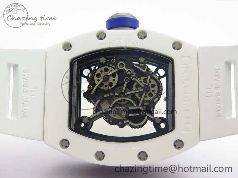 RM055 Real White Ceramic Case KVF Best Edition Skeleton Dial Blue On Rubber Strap MIYOTA Efficient 9508