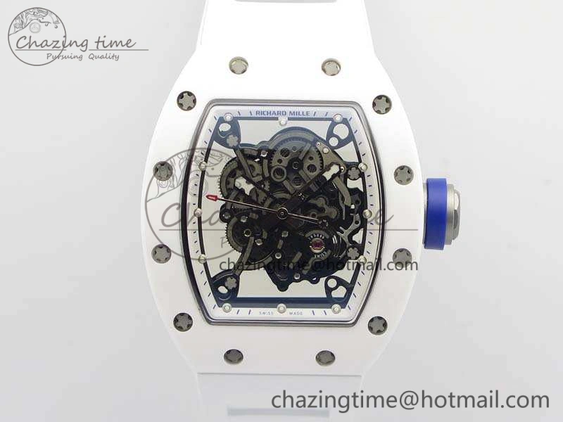 RM055 Real White Ceramic Case KVF Best Edition Skeleton Dial Blue On Rubber Strap MIYOTA Efficient 9508