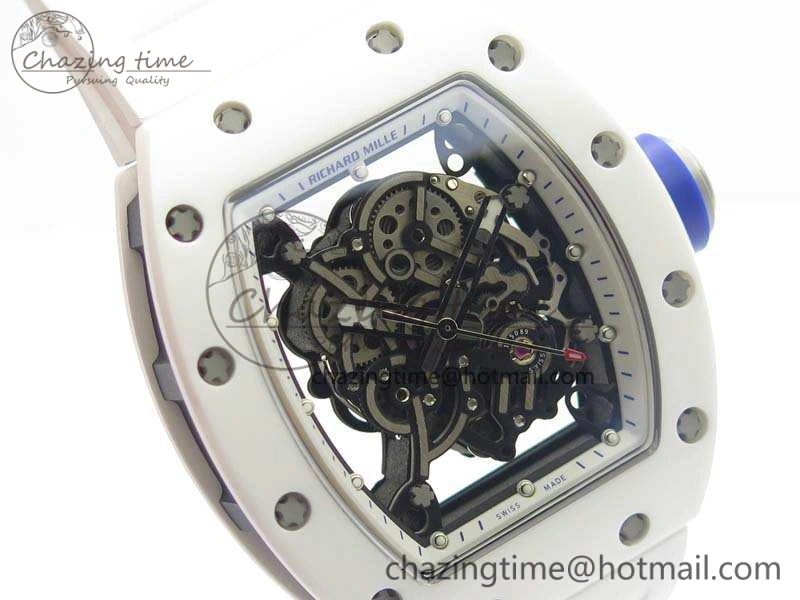 RM055 Real White Ceramic Case KVF Best Edition Skeleton Dial Blue On Rubber Strap MIYOTA Efficient 9508