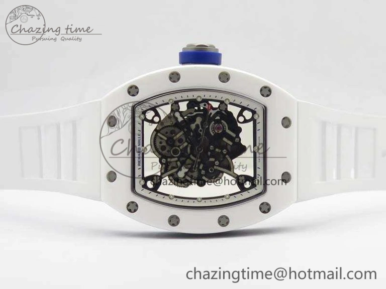 RM055 Real White Ceramic Case KVF Best Edition Skeleton Dial Blue On Rubber Strap MIYOTA Efficient 9508