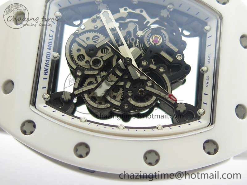 RM055 Real White Ceramic Case KVF Best Edition Skeleton Dial Blue On Rubber Strap MIYOTA Efficient 9508