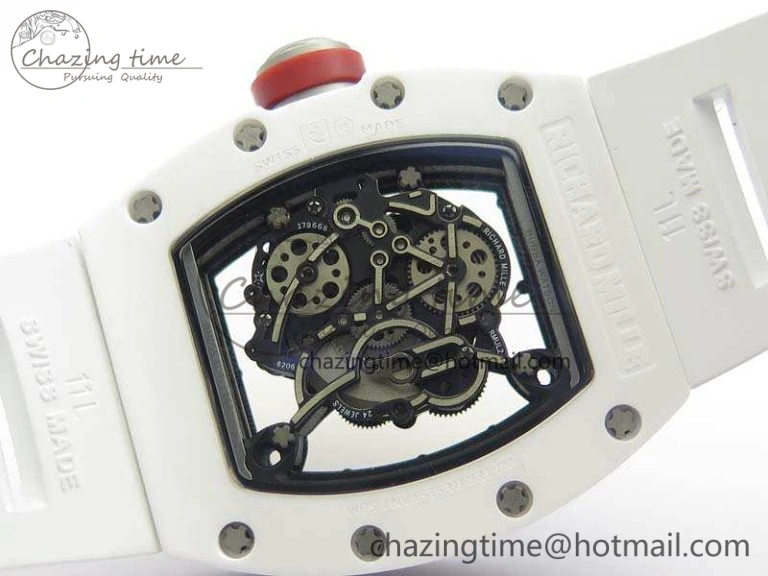 FashionForward RM055 Real White Ceramic Case KVF Best Edition Skeleton Dial Red On Rubber Strap MIYOTA 9509
