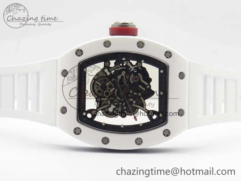 FashionForward RM055 Real White Ceramic Case KVF Best Edition Skeleton Dial Red On Rubber Strap MIYOTA 9509