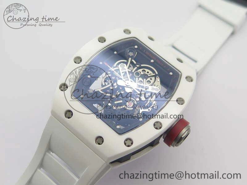 FashionForward RM055 Real White Ceramic Case KVF Best Edition Skeleton Dial Red On Rubber Strap MIYOTA 9509