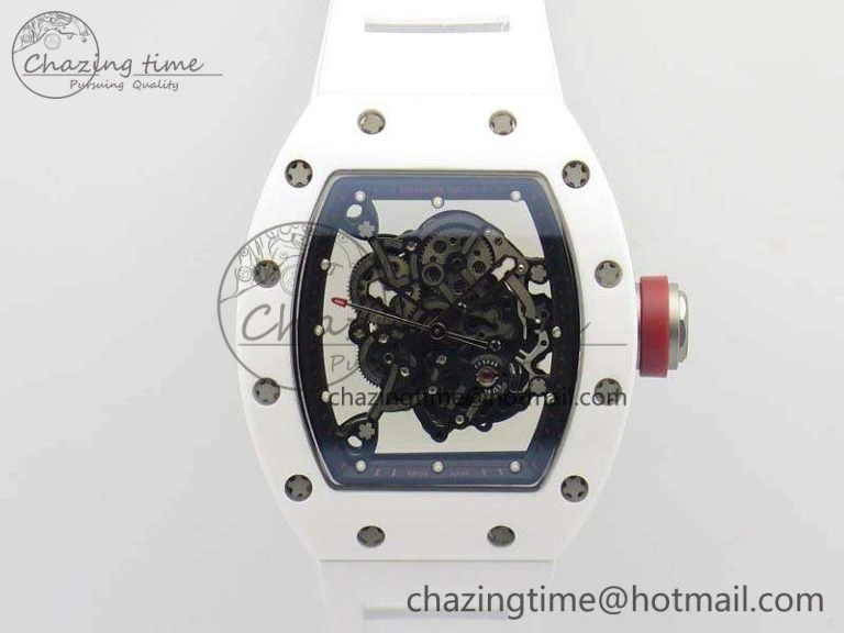 FashionForward RM055 Real White Ceramic Case KVF Best Edition Skeleton Dial Red On Rubber Strap MIYOTA 9509
