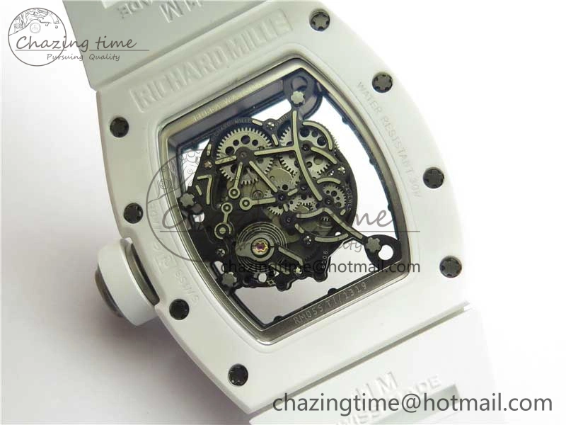 RM055 Ti White Ceramic ZF 1:1 Best Edition Skeleton Dial on White Rubber Strap NH05A Thermal 9400