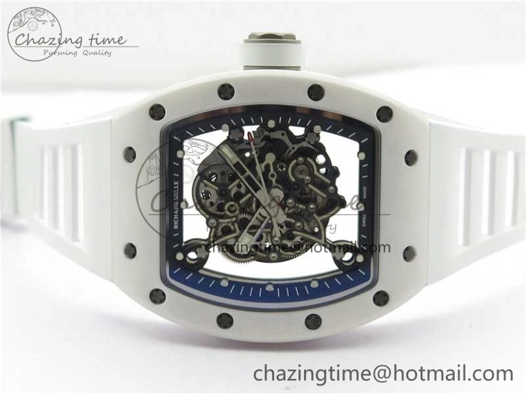 RM055 Ti White Ceramic ZF 1:1 Best Edition Skeleton Dial on White Rubber Strap NH05A Thermal 9400