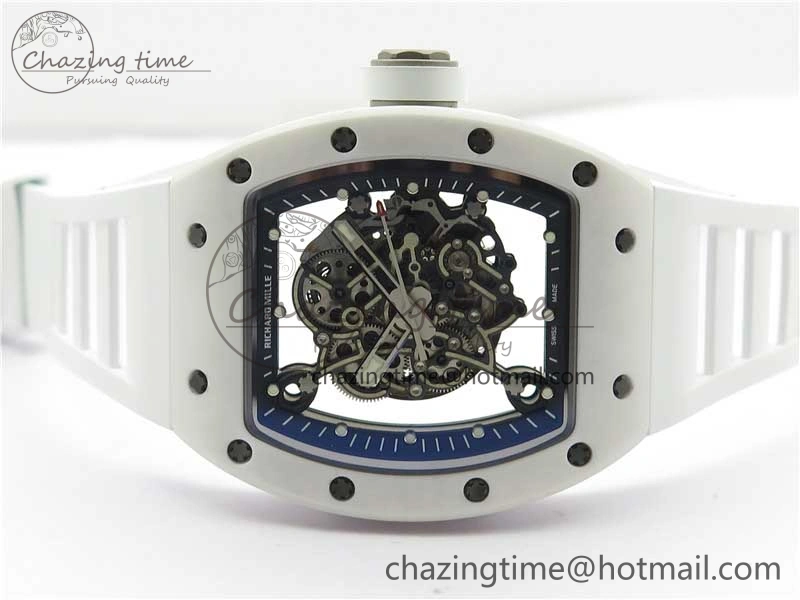 RM055 Ti White Ceramic ZF 1:1 Best Edition Skeleton Dial on White Rubber Strap NH05A Thermal 9400