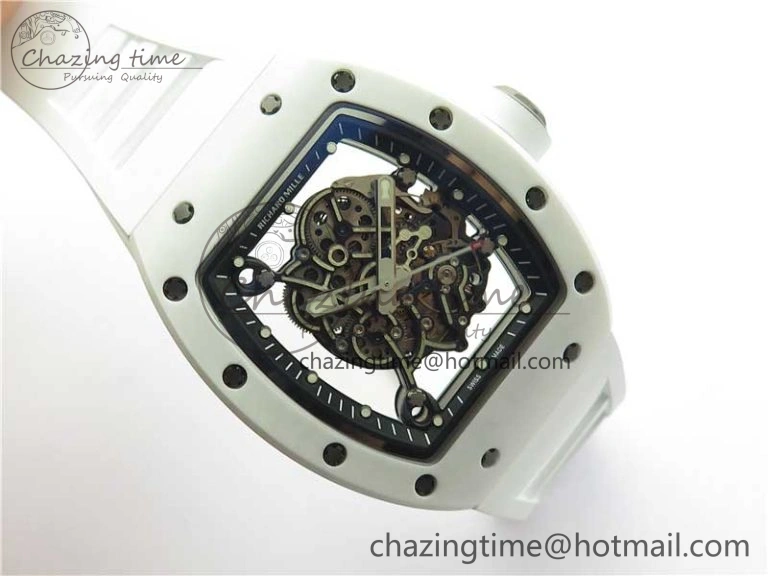 RM055 Ti White Ceramic ZF 1:1 Best Edition Skeleton Dial on White Rubber Strap NH05A Thermal 9400