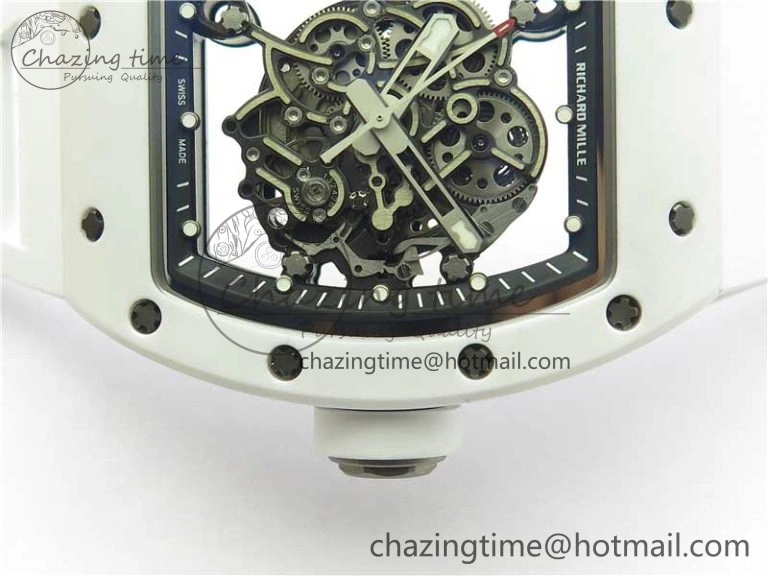 RM055 Ti White Ceramic ZF 1:1 Best Edition Skeleton Dial on White Rubber Strap NH05A Thermal 9400