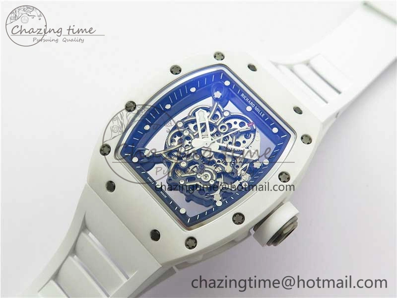 RM055 Ti White Ceramic ZF 1:1 Best Edition Skeleton Dial on White Rubber Strap NH05A Thermal 9400