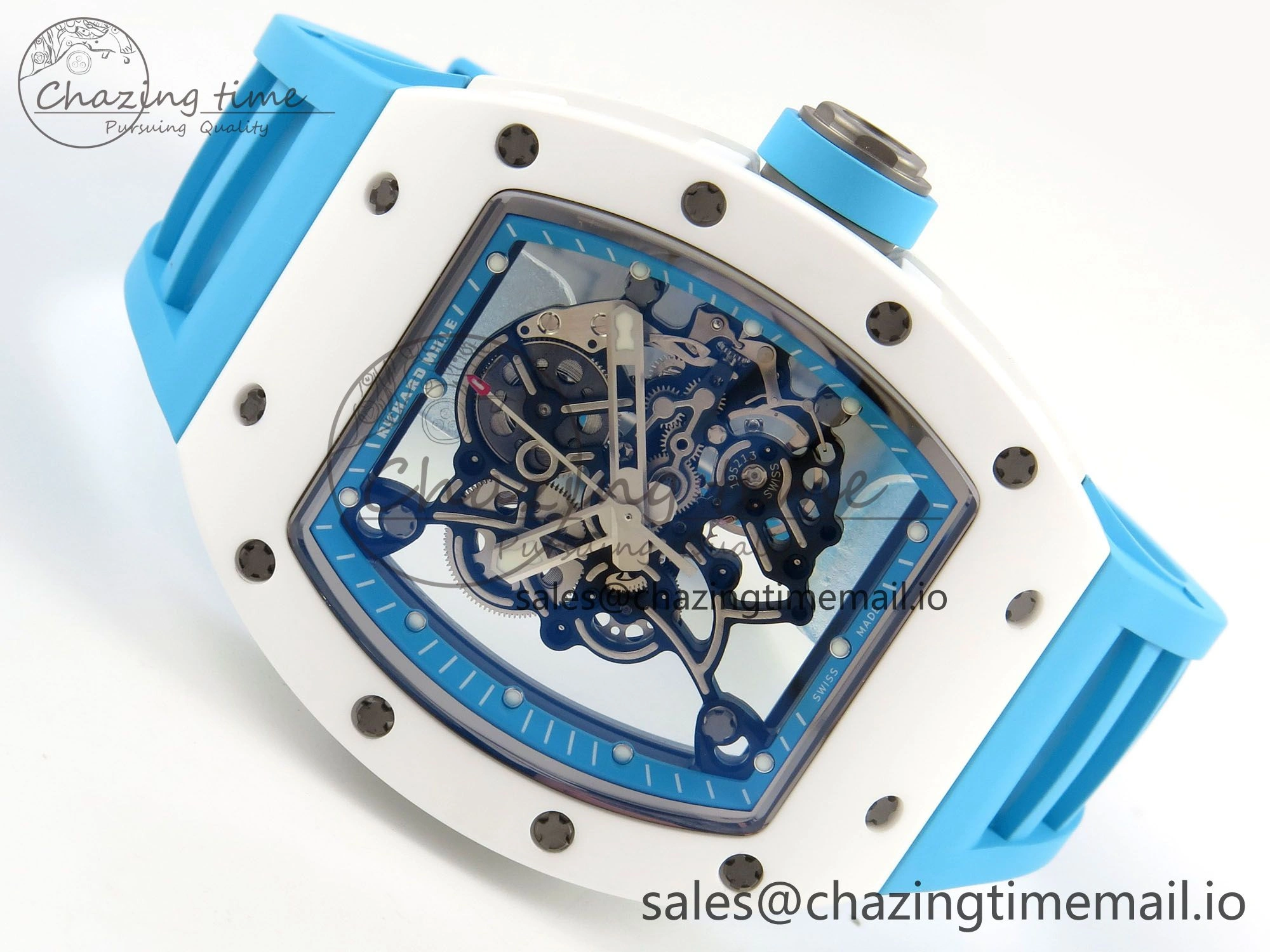 RM055 White Ceramic APSF 1:1 Best Edition Blue Inner Bezel on Blue Rubber Strap RMUL2 Super Clone TechFriendly 9142