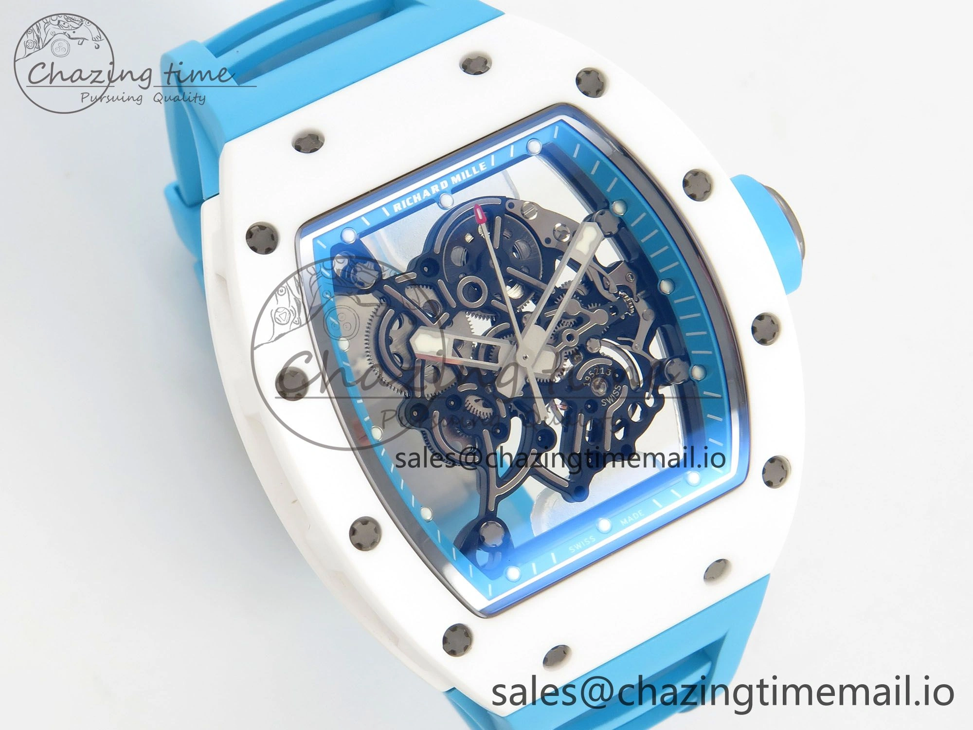 RM055 White Ceramic APSF 1:1 Best Edition Blue Inner Bezel on Blue Rubber Strap RMUL2 Super Clone TechFriendly 9142