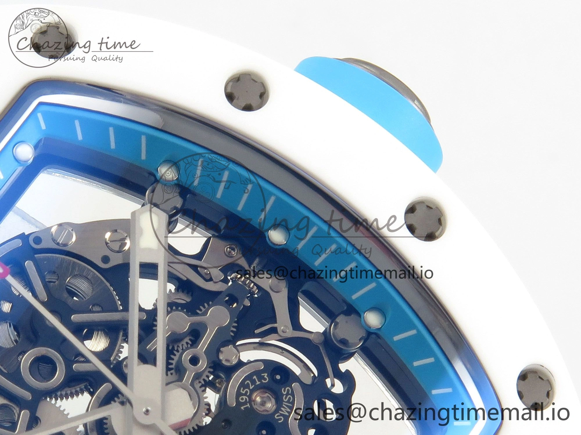 RM055 White Ceramic APSF 1:1 Best Edition Blue Inner Bezel on Blue Rubber Strap RMUL2 Super Clone TechFriendly 9142