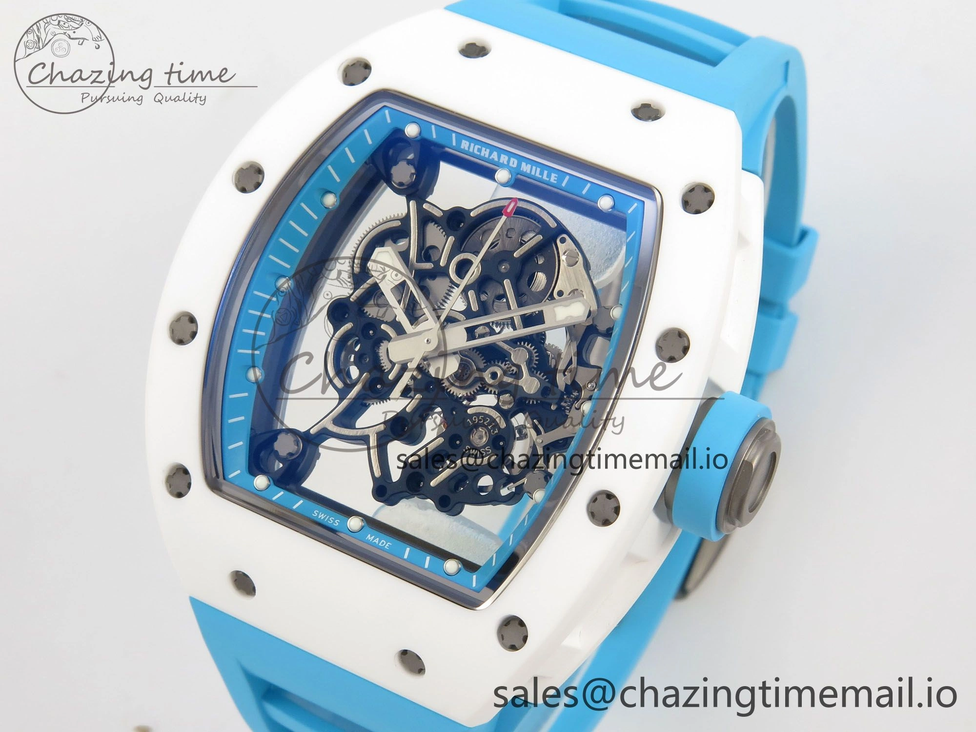 RM055 White Ceramic APSF 1:1 Best Edition Blue Inner Bezel on Blue Rubber Strap RMUL2 Super Clone TechFriendly 9142