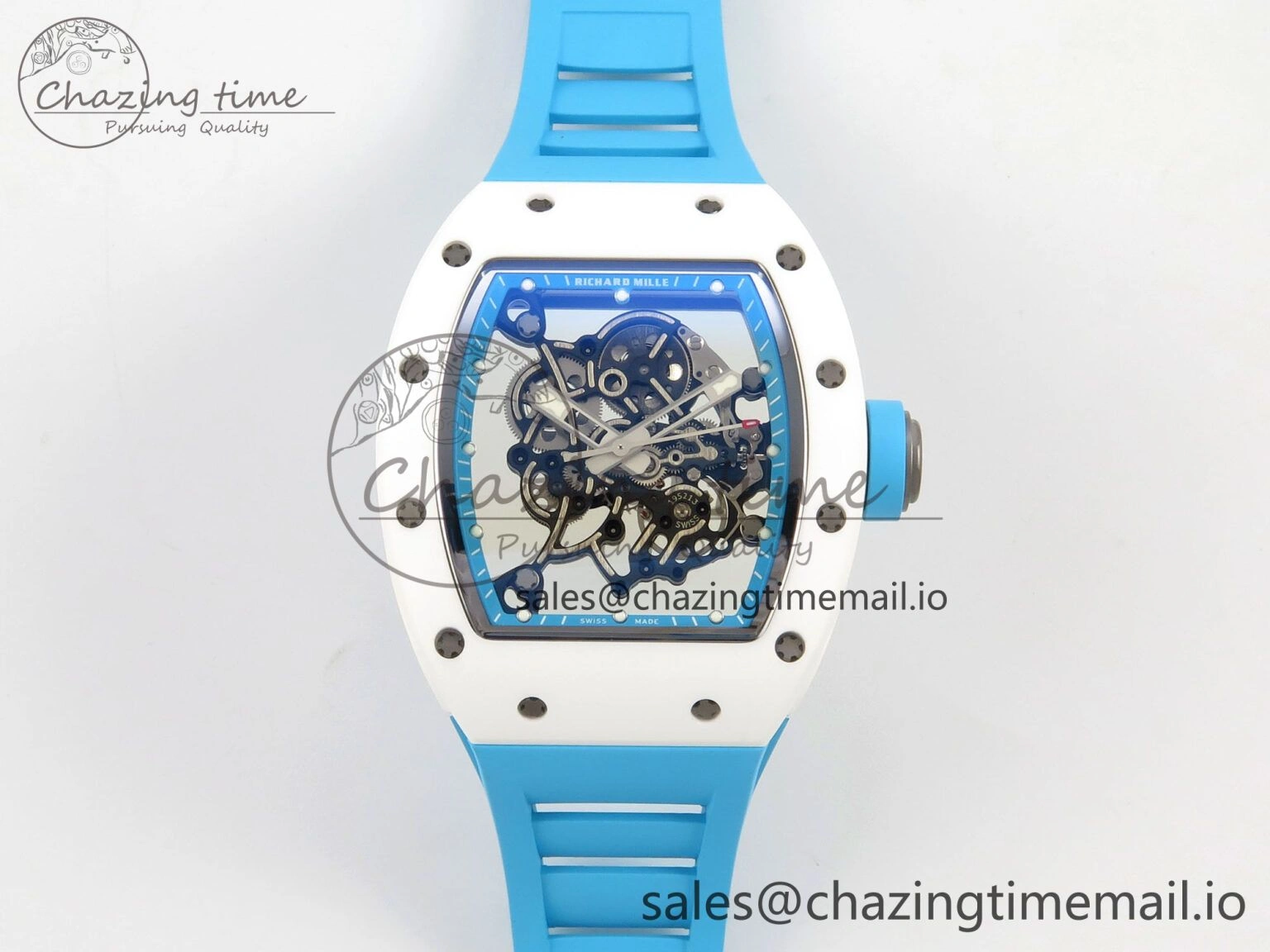 RM055 White Ceramic APSF 1:1 Best Edition Blue Inner Bezel on Blue Rubber Strap RMUL2 Super Clone TechFriendly 9142