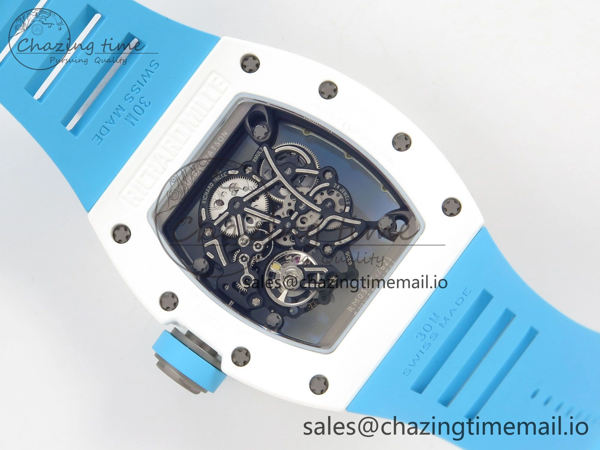 RM055 White Ceramic APSF 1:1 Best Edition Blue Inner Bezel on Blue Rubber Strap RMUL2 Super Clone TechFriendly 9142