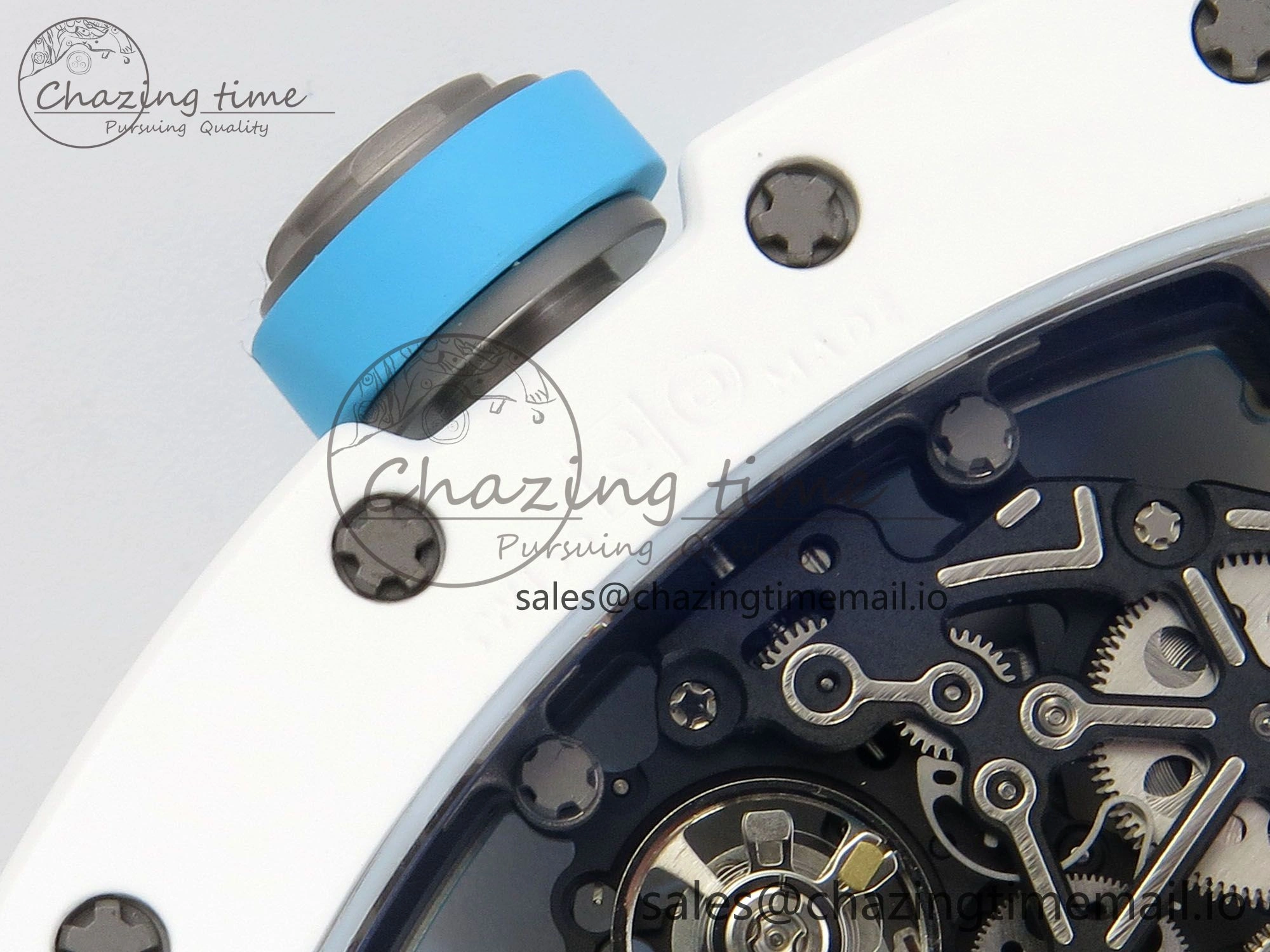 RM055 White Ceramic APSF 1:1 Best Edition Blue Inner Bezel on Blue Rubber Strap RMUL2 Super Clone TechFriendly 9142