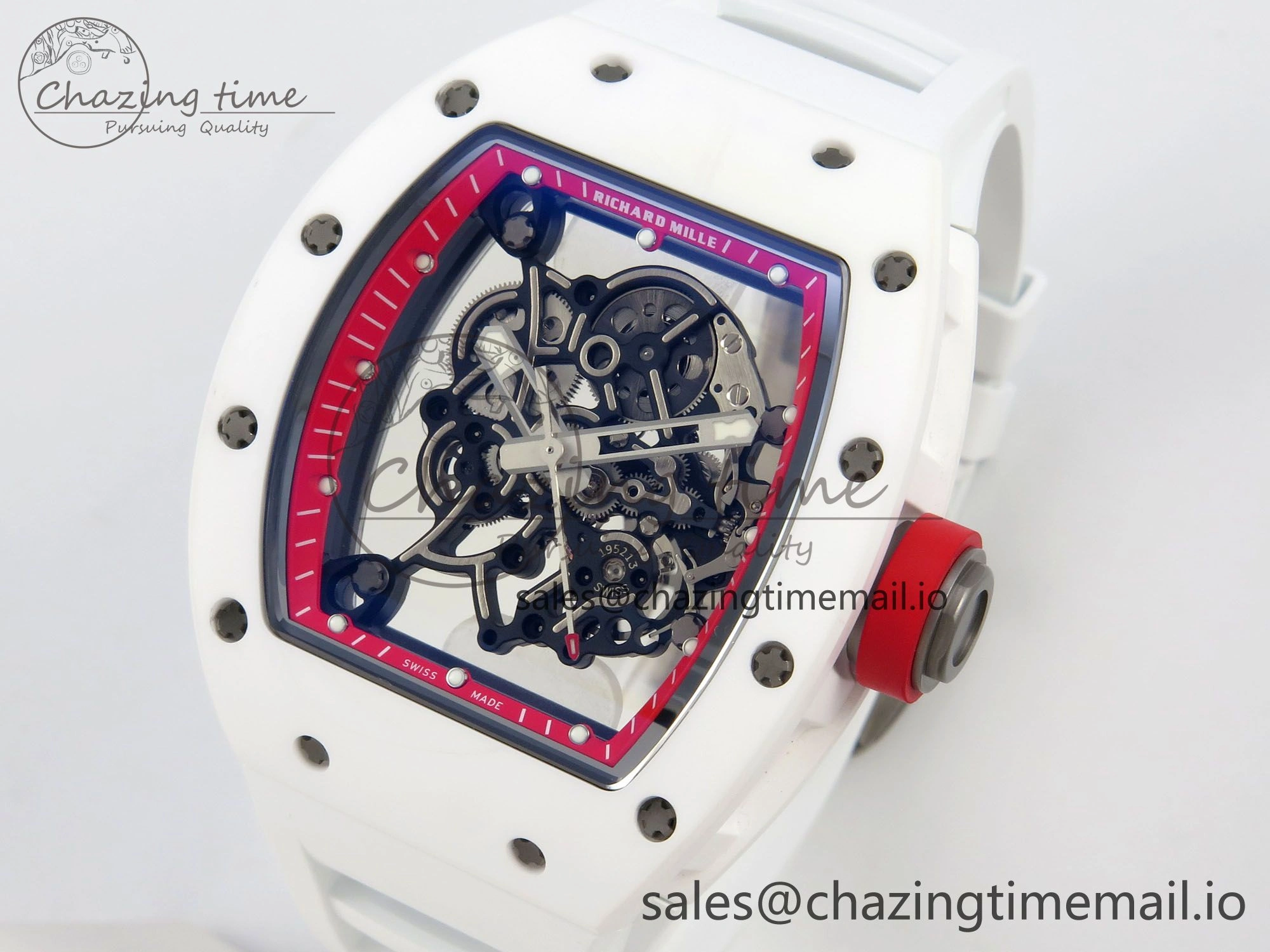 SmartChoice RM055 White Ceramic APSF 1:1 Best Edition Red Inner Bezel on White Rubber Strap RMUL2 Super Clone 9143