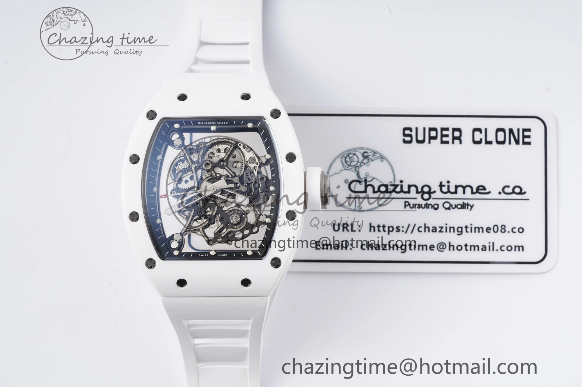 Packable RM055 White Ceramic BBR Best Edition Skeleton Dial on White Rubber Strap Clone RMUL2 V 9357