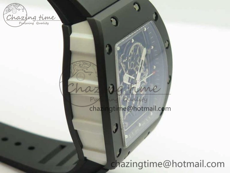 RM055 White Ceramic Case KVF Best Edition Ceramic Bezel Skeleton Dial On Black Rubber Strap MIYOTA Efficient 9501