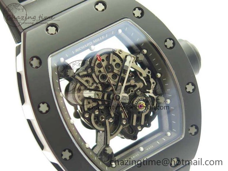 RM055 White Ceramic Case KVF Best Edition Ceramic Bezel Skeleton Dial On Black Rubber Strap MIYOTA Efficient 9501