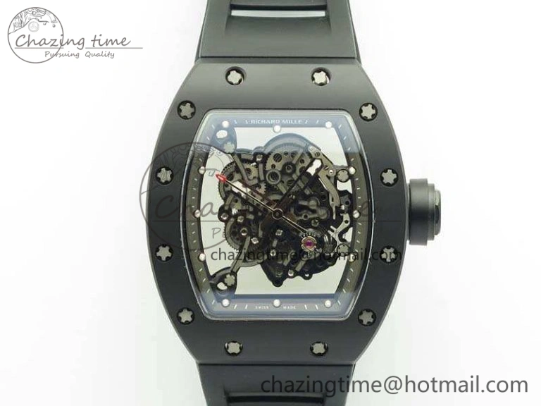 RM055 White Ceramic Case KVF Best Edition Ceramic Bezel Skeleton Dial On Black Rubber Strap MIYOTA Efficient 9501