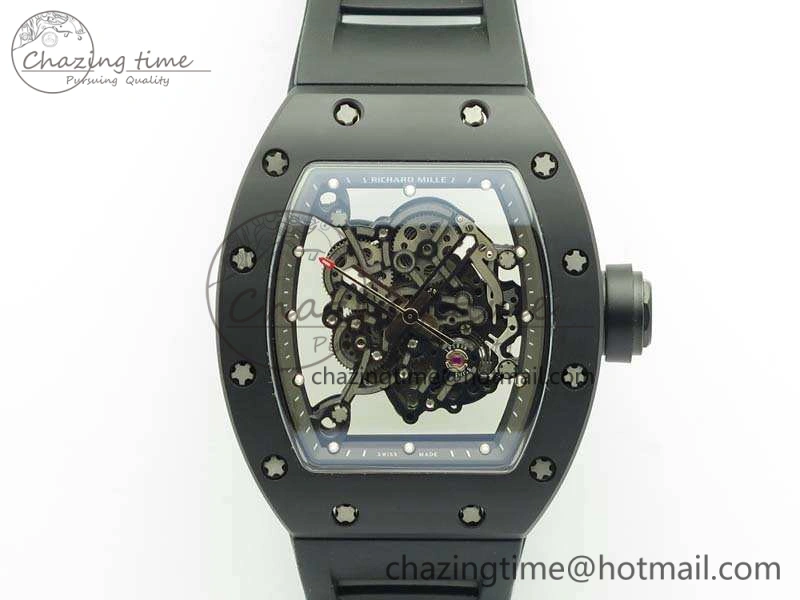 RM055 White Ceramic Case KVF Best Edition Ceramic Bezel Skeleton Dial On Black Rubber Strap MIYOTA Efficient 9501