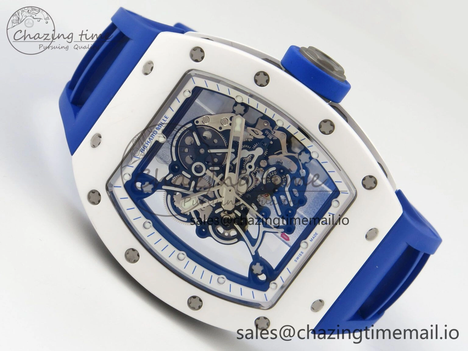 EyeCatching RM055 White Ceramic Japan Edition MLF 1:1 Best Edition on Deep Blue Rubber Strap RMUL2 Super Clone 9170
