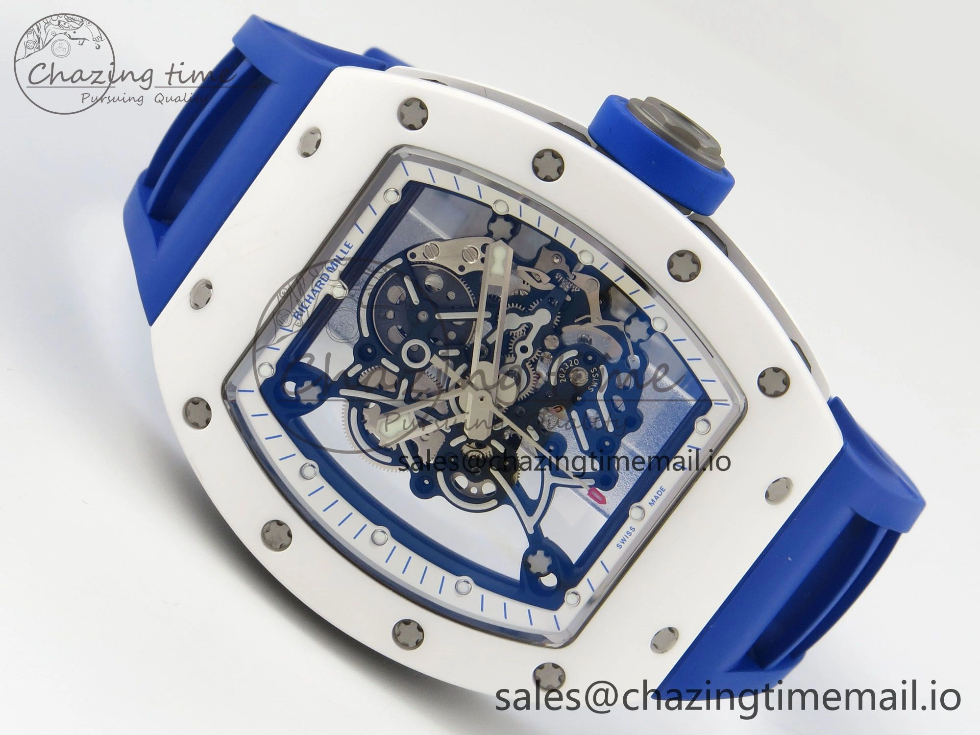 EyeCatching RM055 White Ceramic Japan Edition MLF 1:1 Best Edition on Deep Blue Rubber Strap RMUL2 Super Clone 9170