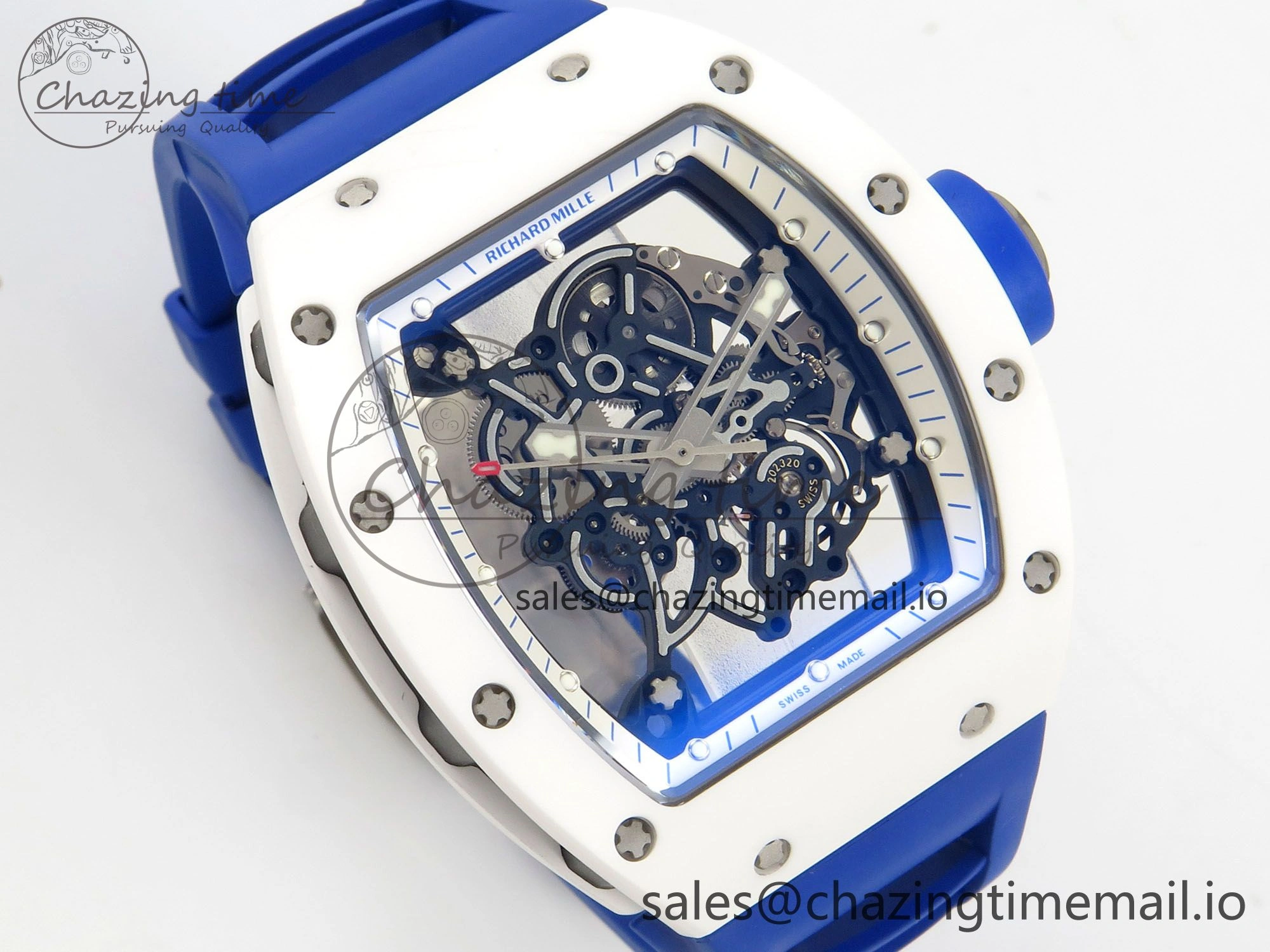 EyeCatching RM055 White Ceramic Japan Edition MLF 1:1 Best Edition on Deep Blue Rubber Strap RMUL2 Super Clone 9170