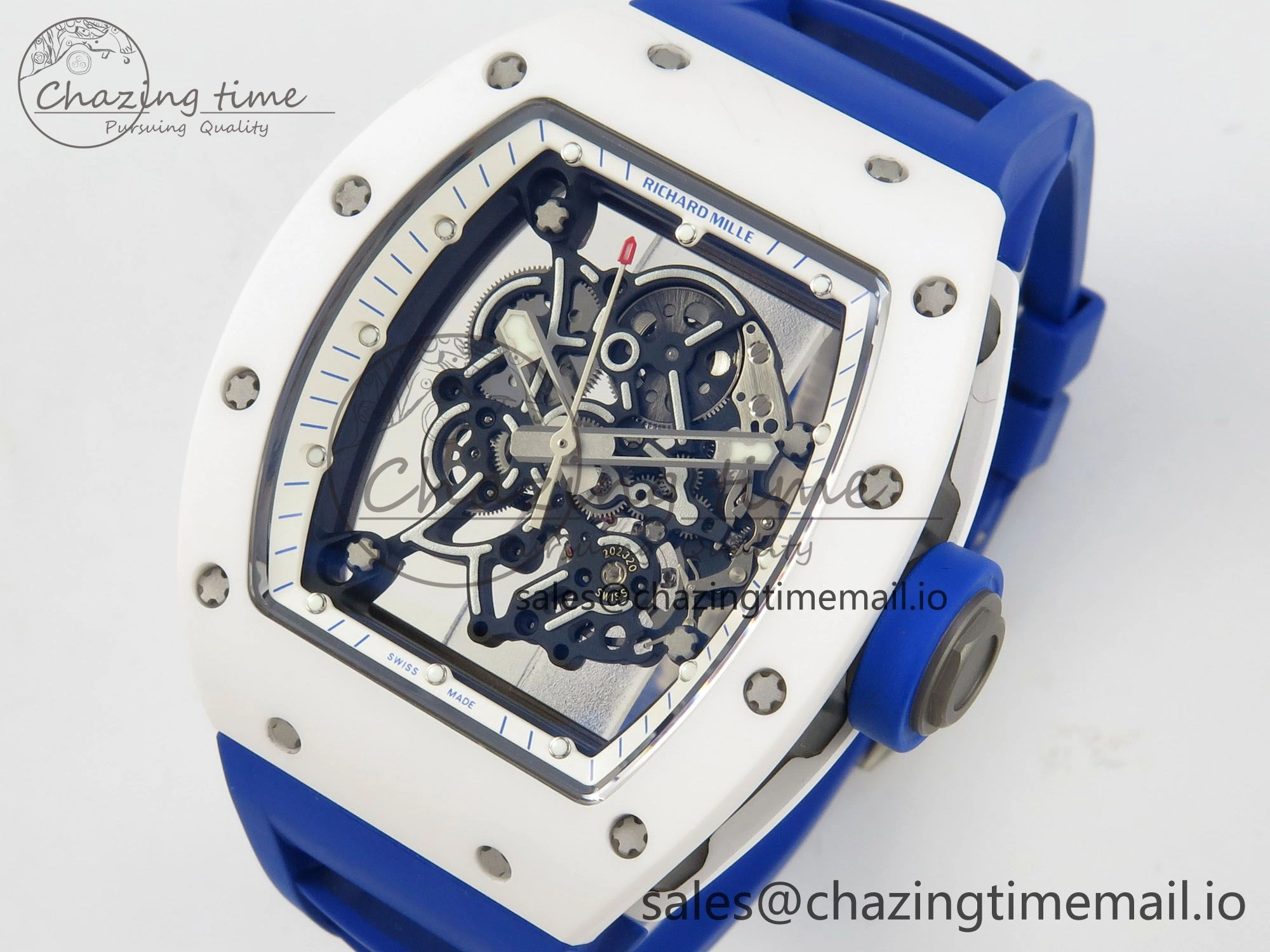 EyeCatching RM055 White Ceramic Japan Edition MLF 1:1 Best Edition on Deep Blue Rubber Strap RMUL2 Super Clone 9170