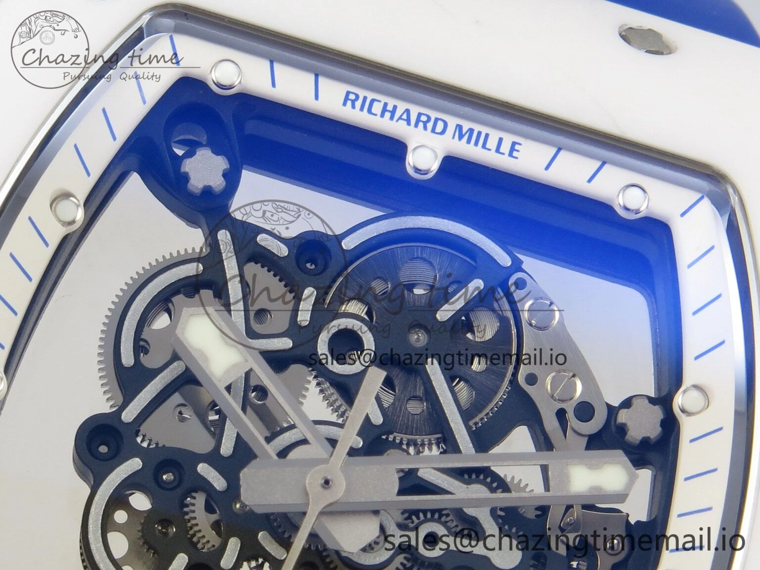 EyeCatching RM055 White Ceramic Japan Edition MLF 1:1 Best Edition on Deep Blue Rubber Strap RMUL2 Super Clone 9170