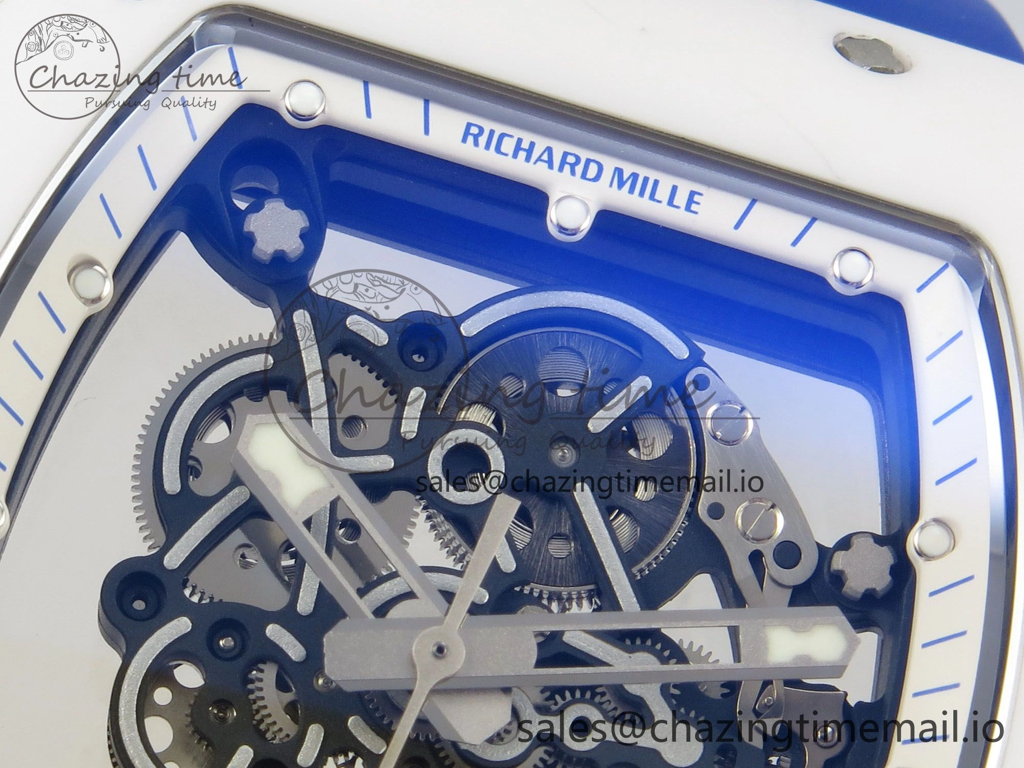 EyeCatching RM055 White Ceramic Japan Edition MLF 1:1 Best Edition on Deep Blue Rubber Strap RMUL2 Super Clone 9170