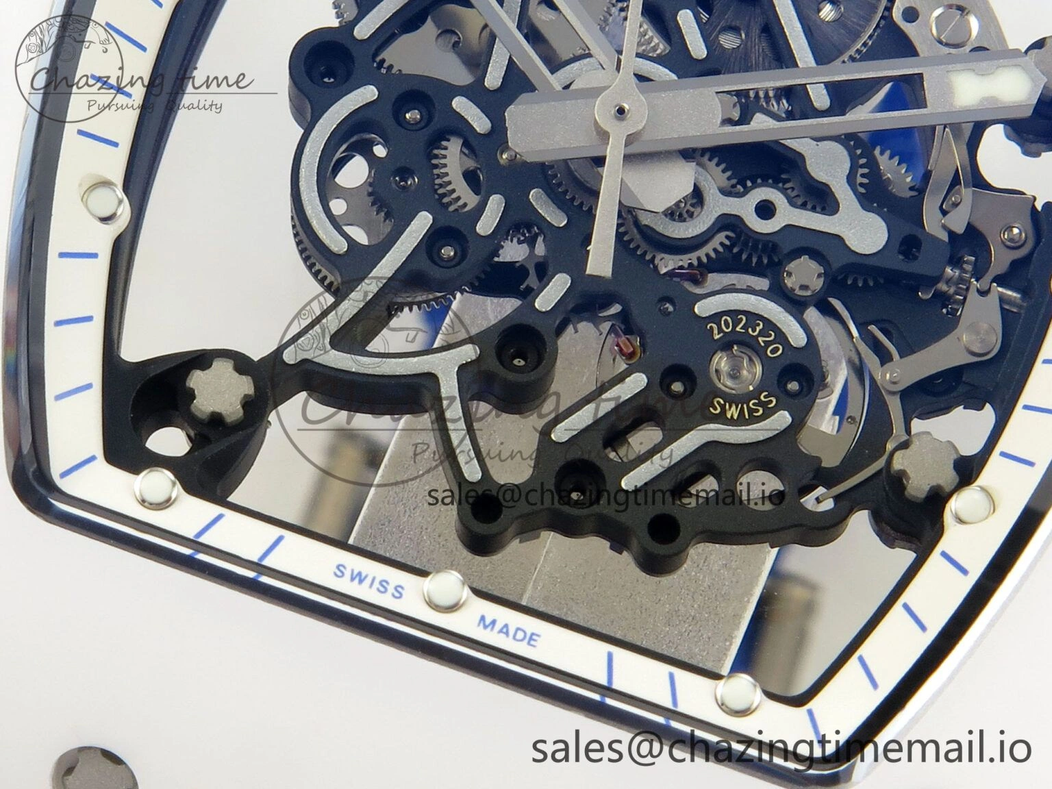 EyeCatching RM055 White Ceramic Japan Edition MLF 1:1 Best Edition on Deep Blue Rubber Strap RMUL2 Super Clone 9170