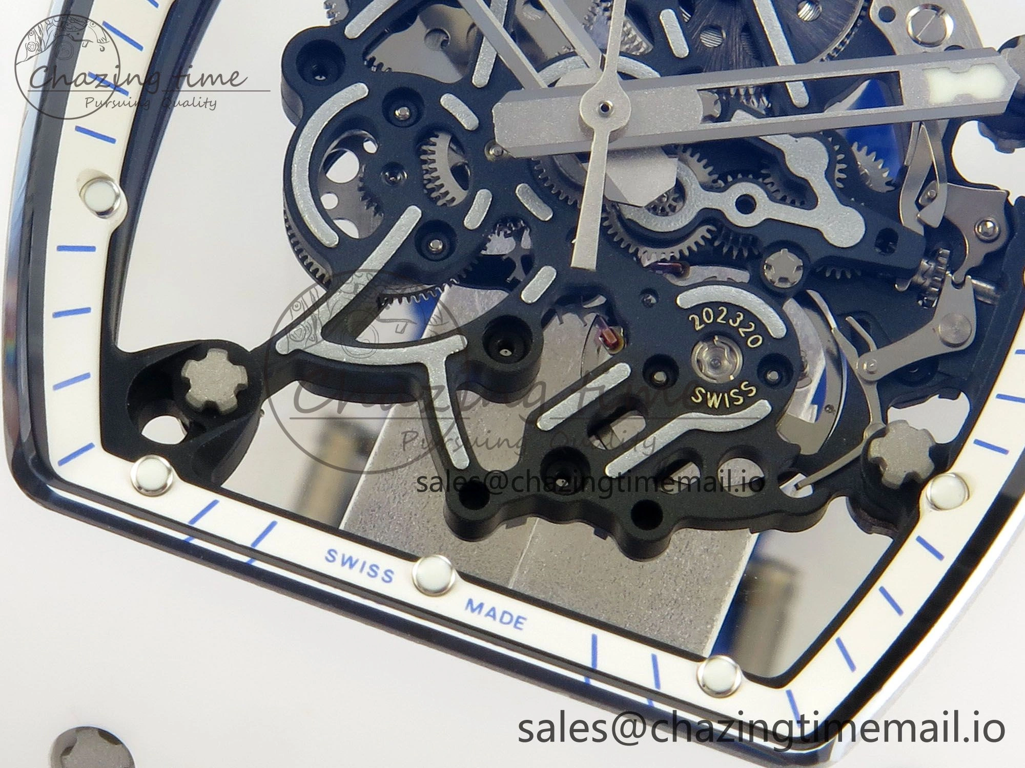 EyeCatching RM055 White Ceramic Japan Edition MLF 1:1 Best Edition on Deep Blue Rubber Strap RMUL2 Super Clone 9170
