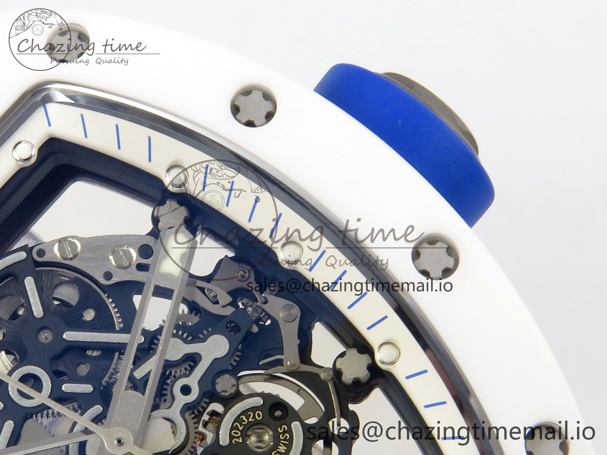 EyeCatching RM055 White Ceramic Japan Edition MLF 1:1 Best Edition on Deep Blue Rubber Strap RMUL2 Super Clone 9170