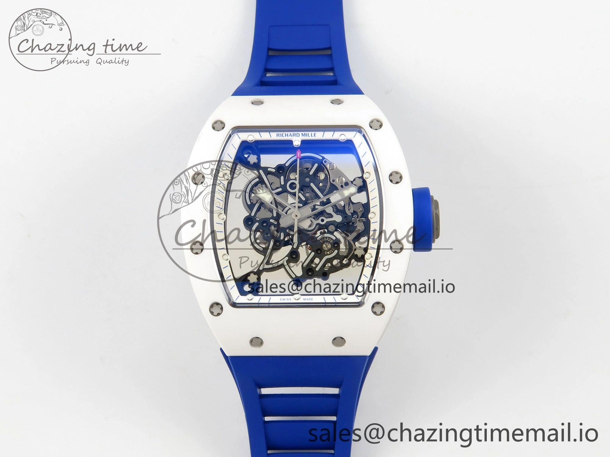EyeCatching RM055 White Ceramic Japan Edition MLF 1:1 Best Edition on Deep Blue Rubber Strap RMUL2 Super Clone 9170