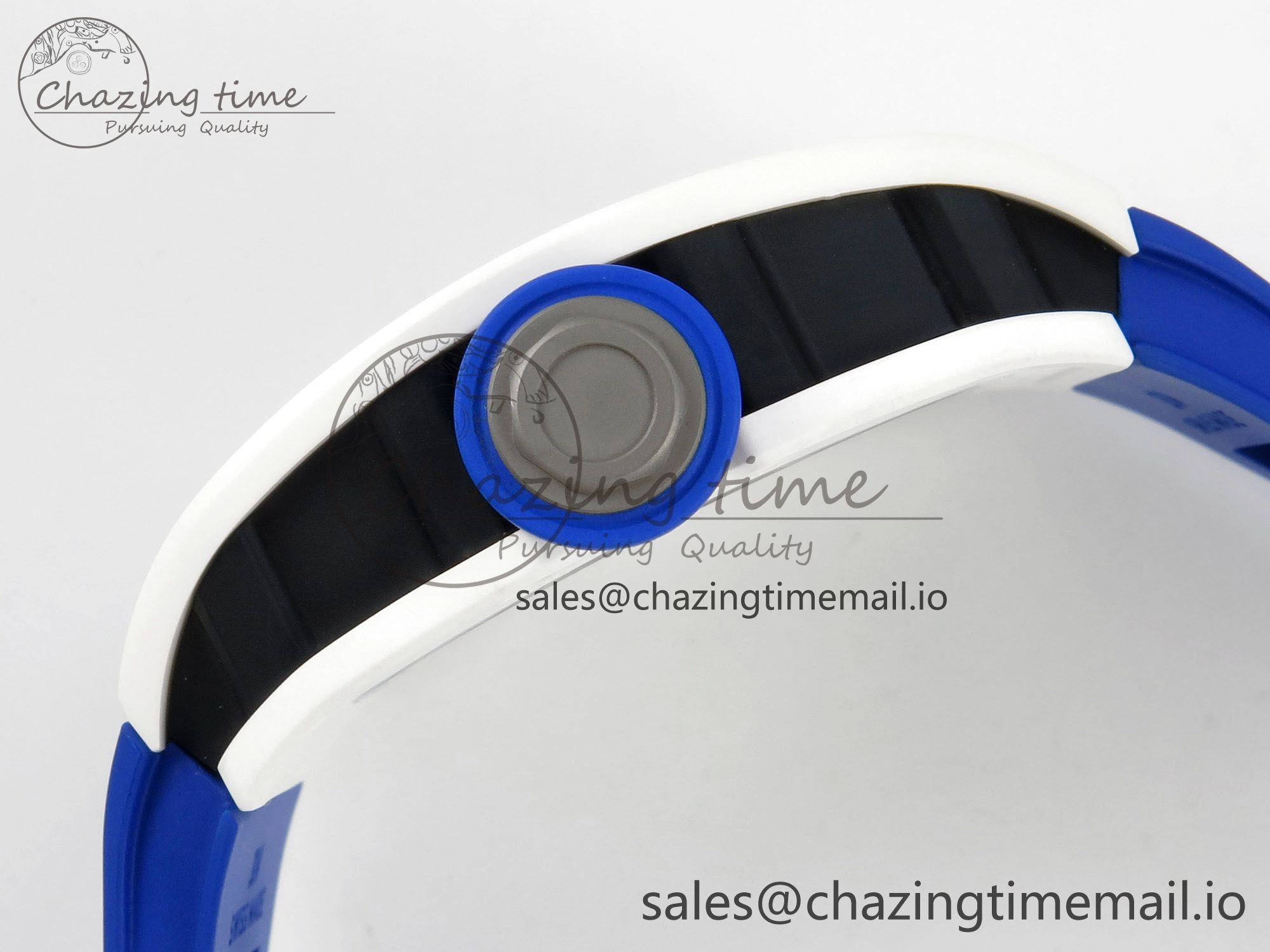 EyeCatching RM055 White Ceramic Japan Edition MLF 1:1 Best Edition on Deep Blue Rubber Strap RMUL2 Super Clone 9170