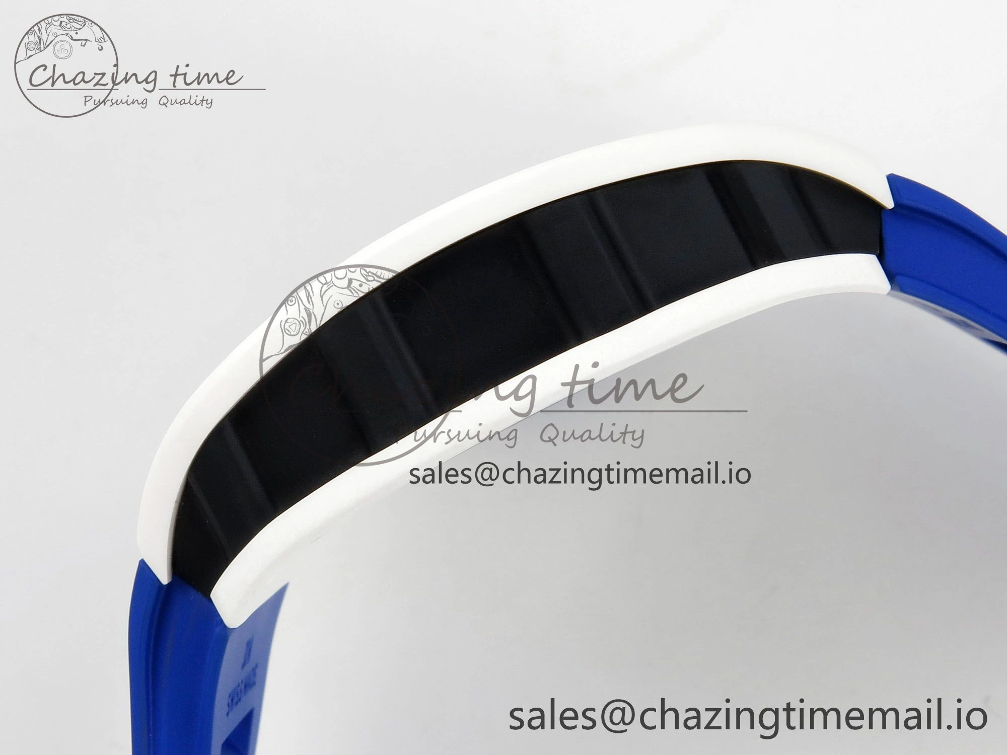 EyeCatching RM055 White Ceramic Japan Edition MLF 1:1 Best Edition on Deep Blue Rubber Strap RMUL2 Super Clone 9170