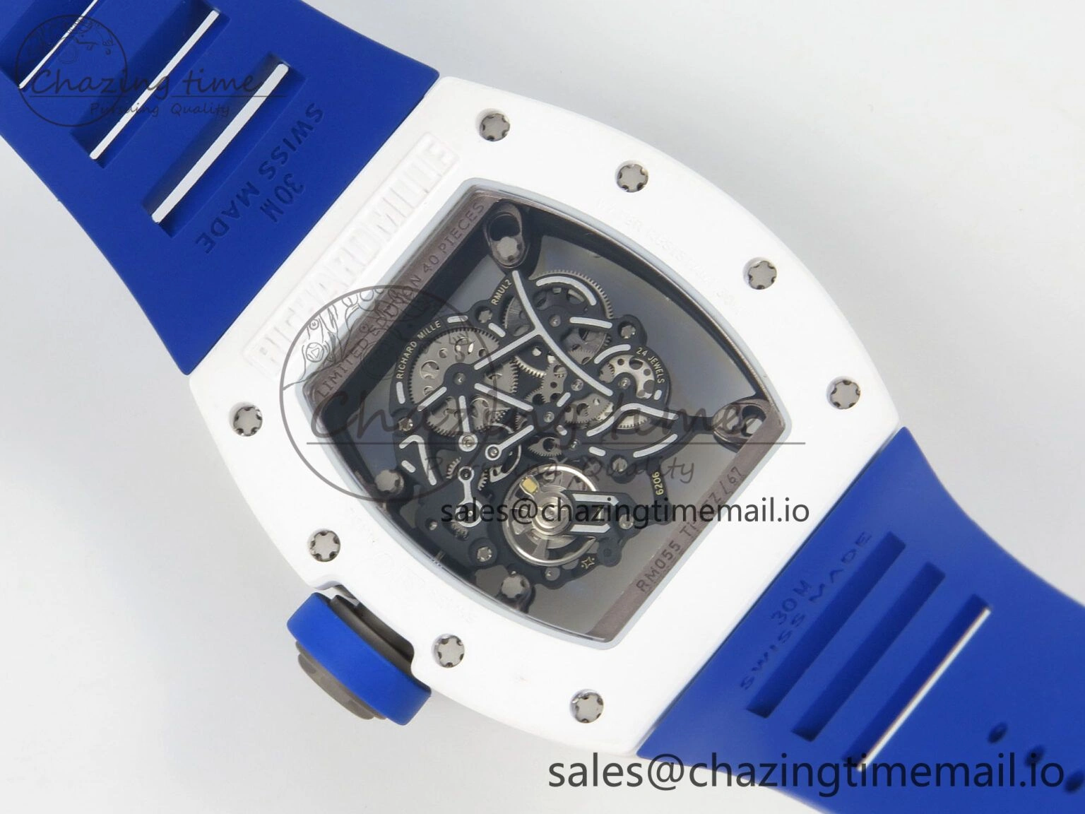 EyeCatching RM055 White Ceramic Japan Edition MLF 1:1 Best Edition on Deep Blue Rubber Strap RMUL2 Super Clone 9170
