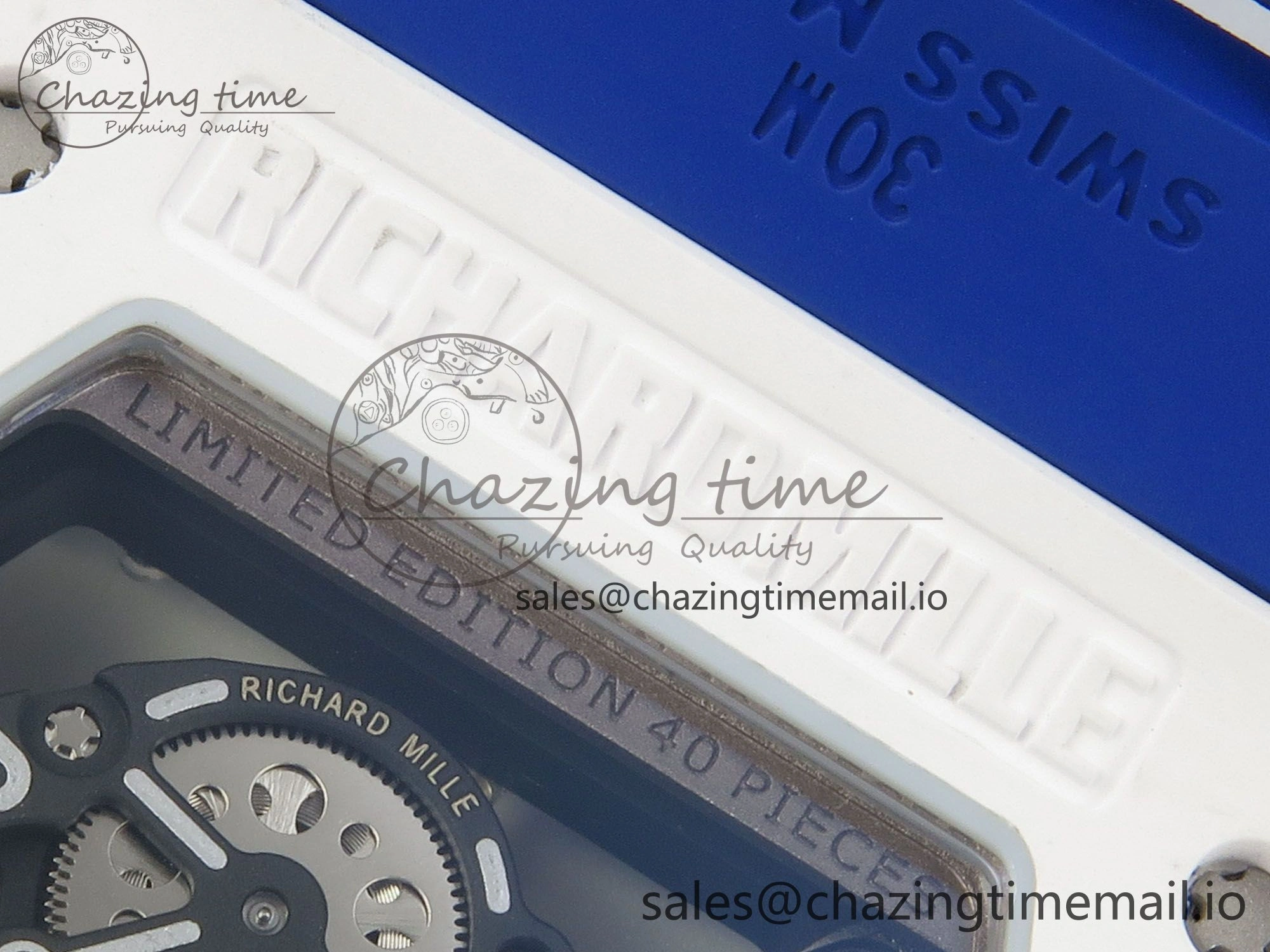EyeCatching RM055 White Ceramic Japan Edition MLF 1:1 Best Edition on Deep Blue Rubber Strap RMUL2 Super Clone 9170