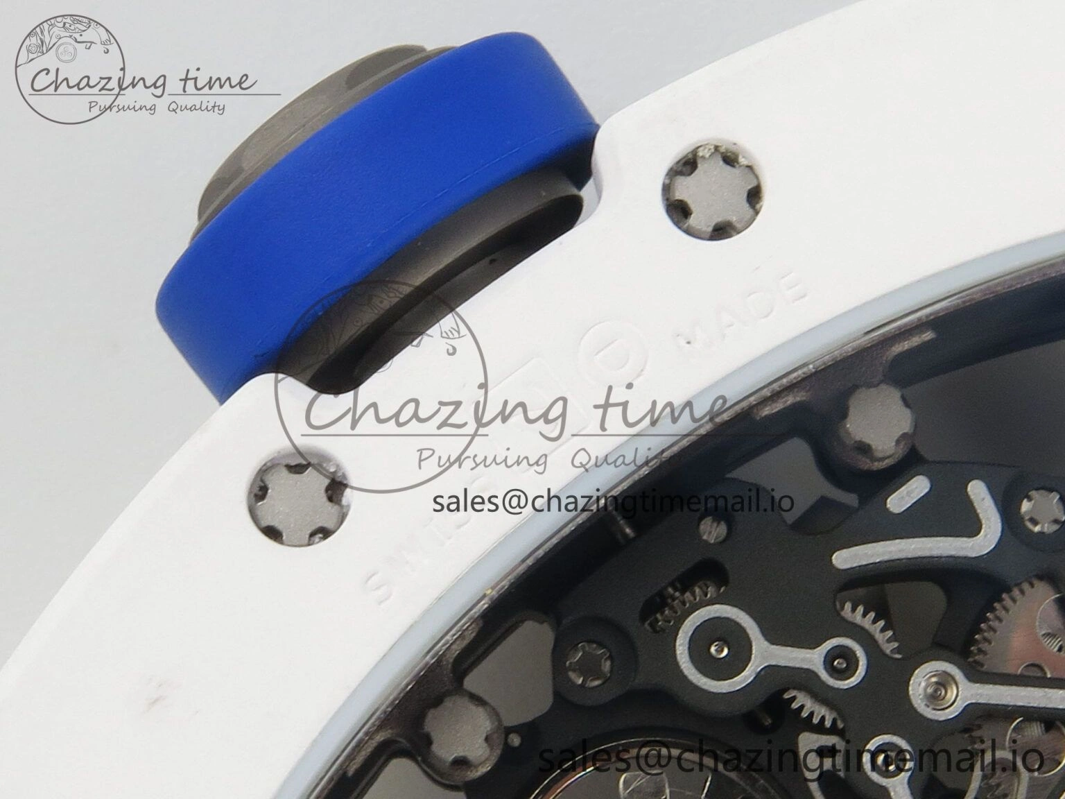 EyeCatching RM055 White Ceramic Japan Edition MLF 1:1 Best Edition on Deep Blue Rubber Strap RMUL2 Super Clone 9170