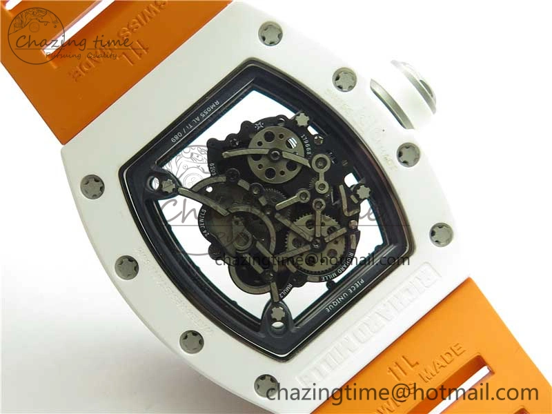 RM055 White Ceramic KVF Best Edition Skeleton Dial Black on Orange Rubber Strap MIYOTA8215 V Bright 9408